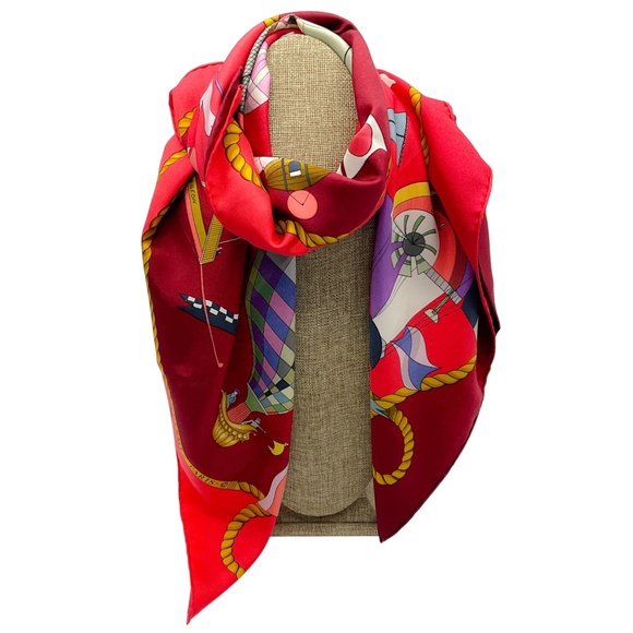 HERMES RED LES FOLIES DU CIEL PRINT SQUARE SILK TWILL SCARF - Picture 3 of 10